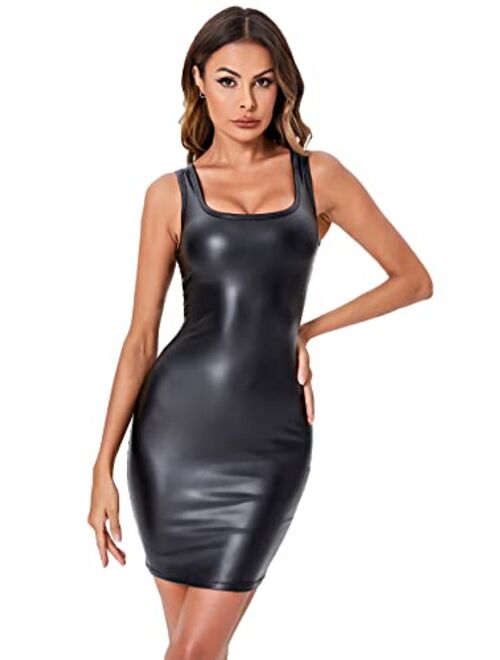 SweatyRocks Women's Sleeveless Bodycon Tank Dress PU Leather Mini Dresses