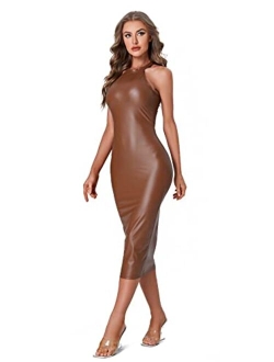 Women's Sleeveless Halter PU Leather Cut Out Dress Bodycon Midi Party Dress