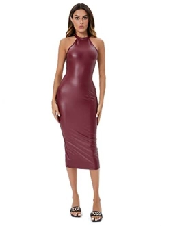 Women's Sleeveless Halter PU Leather Cut Out Dress Bodycon Midi Party Dress