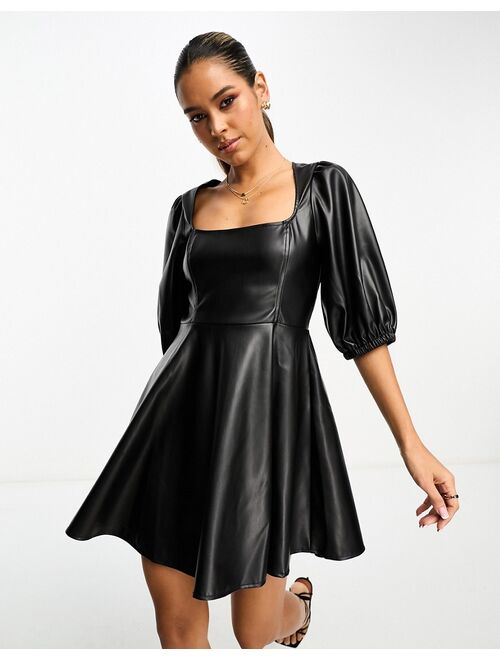 ASOS DESIGN leather look babydoll mini skater dress in black