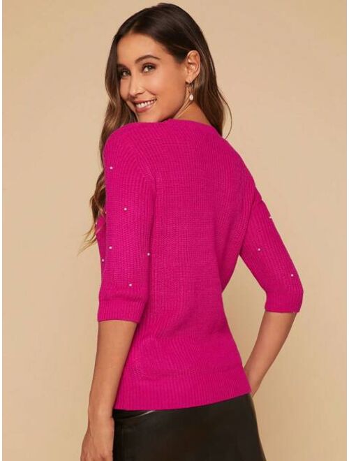 SHEIN Clasi Pearls Beaded Solid Sweater