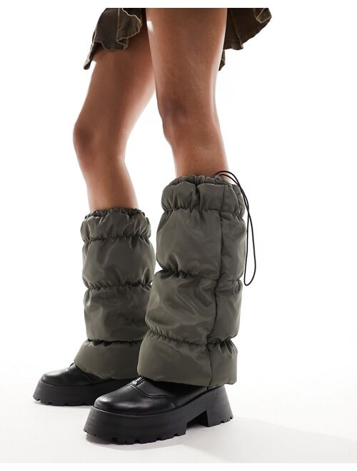 My Accessories London nylon puffer leg warmers in khaki