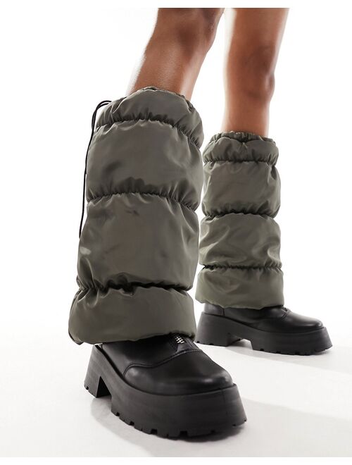 My Accessories London nylon puffer leg warmers in khaki