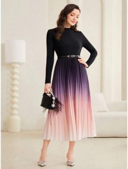 SHEIN Modely Ombre Pleated Hem Dress With Belt