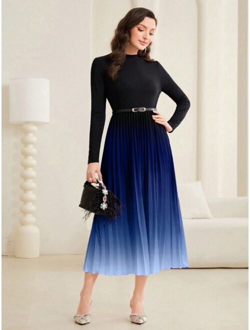 SHEIN Modely Ombre Pleated Hem Dress With Belt