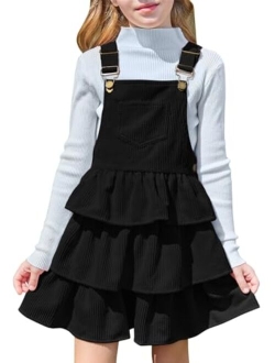 Batermoon Girls Dress Suspender Dresses Ruffle Corduroy Sleeveless Princess Overalls Skirt with One Pocket 4-14 Years