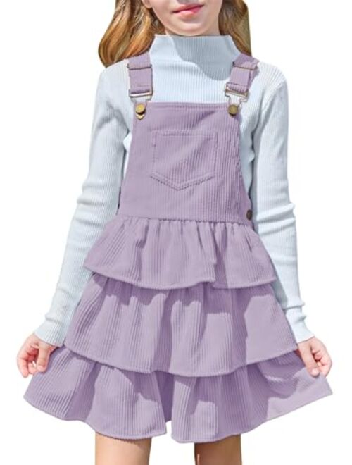 Batermoon Girls Dress Suspender Dresses Ruffle Corduroy Sleeveless Princess Overalls Skirt with One Pocket 4-14 Years