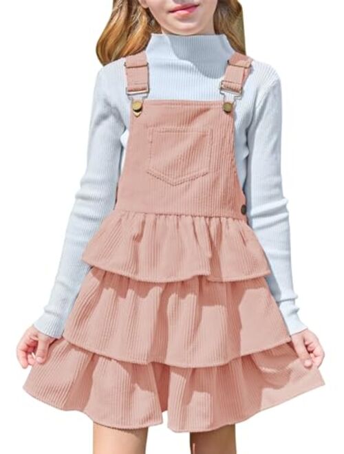 Batermoon Girls Dress Suspender Dresses Ruffle Corduroy Sleeveless Princess Overalls Skirt with One Pocket 4-14 Years