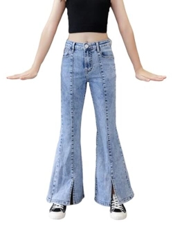 Girls Casual Denim Pants High Waist Flare Leg Jeans with Pocket