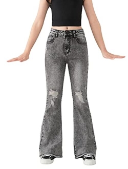 Girls Casual Denim Pants High Waist Flare Leg Jeans with Pocket