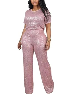 LROSEY Women's Two-Piece Sequin-Embellished Set with Short Sleeve Top and Straight Pants