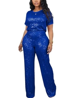 LROSEY Women's Two-Piece Sequin-Embellished Set with Short Sleeve Top and Straight Pants