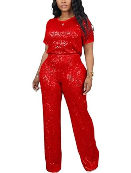 LROSEY Women's Two-Piece Sequin-Embellished Set with Short Sleeve Top and Straight Pants