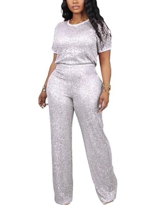 LROSEY Women's Two-Piece Sequin-Embellished Set with Short Sleeve Top and Straight Pants