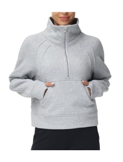 Womens' Half Zip Pullover Fleece Stand Collar Crop Sweatshirt with Pockets Thumb Hole