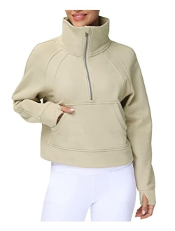 Womens' Half Zip Pullover Fleece Stand Collar Crop Sweatshirt with Pockets Thumb Hole