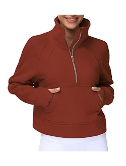 Womens' Half Zip Pullover Fleece Stand Collar Crop Sweatshirt with Pockets Thumb Hole