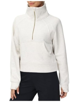 Womens' Half Zip Pullover Fleece Stand Collar Crop Sweatshirt with Pockets Thumb Hole