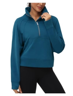 Womens' Half Zip Pullover Fleece Stand Collar Crop Sweatshirt with Pockets Thumb Hole