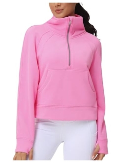 Womens' Half Zip Pullover Fleece Stand Collar Crop Sweatshirt with Pockets Thumb Hole