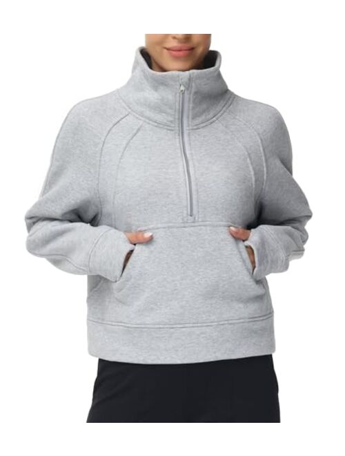 THE GYM PEOPLE Womens' Half Zip Pullover Fleece Stand Collar Crop Sweatshirt with Pockets Thumb Hole