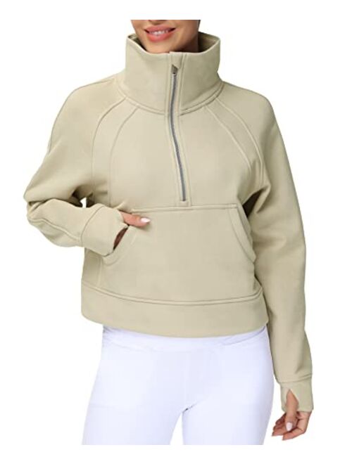 THE GYM PEOPLE Womens' Half Zip Pullover Fleece Stand Collar Crop Sweatshirt with Pockets Thumb Hole