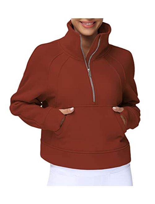 THE GYM PEOPLE Womens' Half Zip Pullover Fleece Stand Collar Crop Sweatshirt with Pockets Thumb Hole