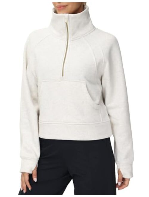 THE GYM PEOPLE Womens' Half Zip Pullover Fleece Stand Collar Crop Sweatshirt with Pockets Thumb Hole