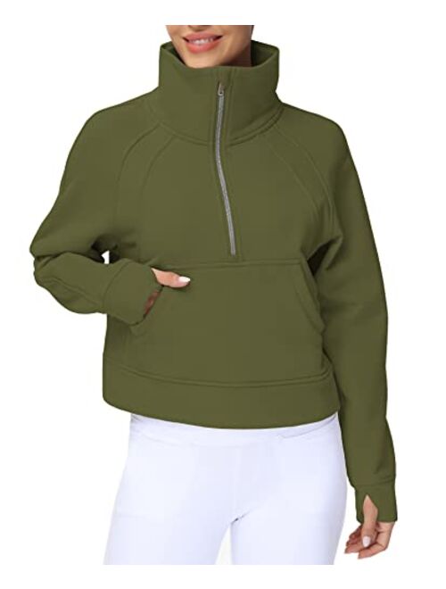 THE GYM PEOPLE Womens' Half Zip Pullover Fleece Stand Collar Crop Sweatshirt with Pockets Thumb Hole