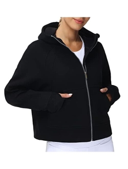 Women's Full-Zip Up Hoodies Jacket Fleece Workout Crop Tops Sweatshirts with Pockets Thumb Hole