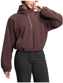 Womens Half Zip Crop Pullover Sweatshirt Fleece Stand Collar Workout Tops with Pockets Drawstring Hem