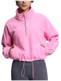 Womens Half Zip Crop Pullover Sweatshirt Fleece Stand Collar Workout Tops with Pockets Drawstring Hem