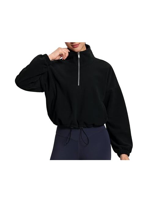 THE GYM PEOPLE Womens Half Zip Crop Pullover Sweatshirt Fleece Stand Collar Workout Tops with Pockets Drawstring Hem