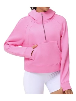 Womens' Hoodies Half Zip Long Sleeve Fleece Crop Pullover Sweatshirts with Pockets Thumb Hole