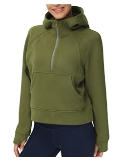 Womens' Hoodies Half Zip Long Sleeve Fleece Crop Pullover Sweatshirts with Pockets Thumb Hole