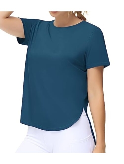 Women's Workout T-Shirts Loose Fit Short Sleeve Cotton Running Basic Tee Tops with Split Hem