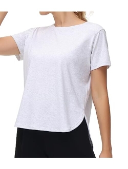 Women's Workout T-Shirts Loose Fit Short Sleeve Cotton Running Basic Tee Tops with Split Hem