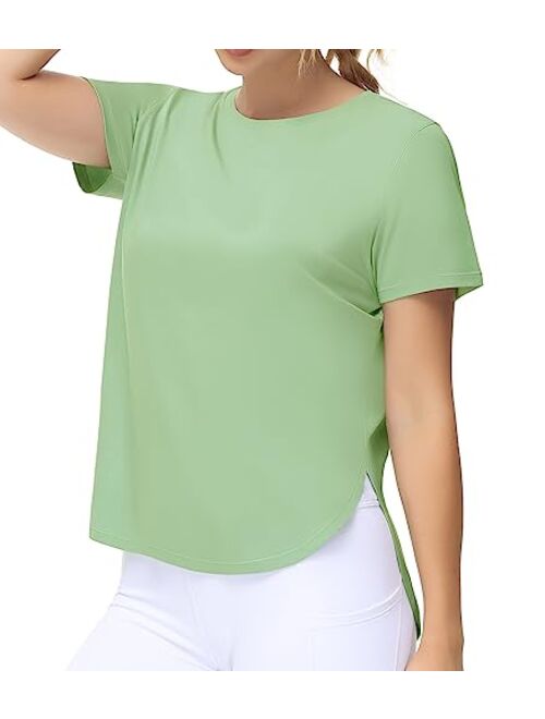 THE GYM PEOPLE Women's Workout T-Shirts Loose Fit Short Sleeve Cotton Running Basic Tee Tops with Split Hem