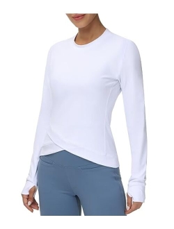 Women's Long Sleeve Compression Shirts Workout Tops Cross Hem Athletic Running Yoga T-Shirts with Thumb Hole