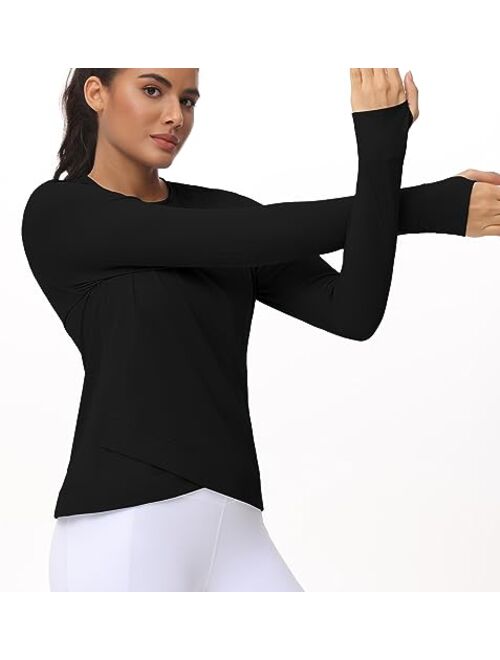 The Gym People Women's Long Sleeve Compression Shirts Workout Tops Cross Hem Athletic Running Yoga T-Shirts with Thumb Hole