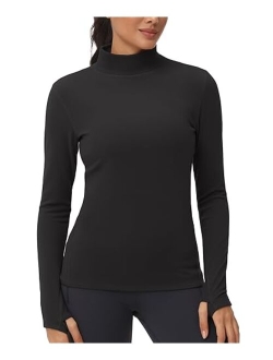 Women's Mock Turtleneck Long Sleeve Shirts Fleece Thermal Underwear Pullover Tops with Thumb Hole