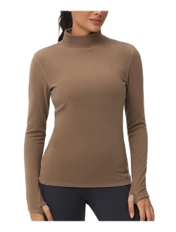 Women's Mock Turtleneck Long Sleeve Shirts Fleece Thermal Underwear Pullover Tops with Thumb Hole