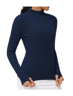 Women's Mock Turtleneck Long Sleeve Shirts Fleece Thermal Underwear Pullover Tops with Thumb Hole