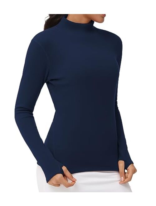 THE GYM PEOPLE Women's Mock Turtleneck Long Sleeve Shirts Fleece Thermal Underwear Pullover Tops with Thumb Hole