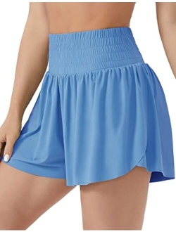 Women's High Waisted Flowy Running Shorts Butterfly 2 in 1 Athletic Workout Skirt Shorts