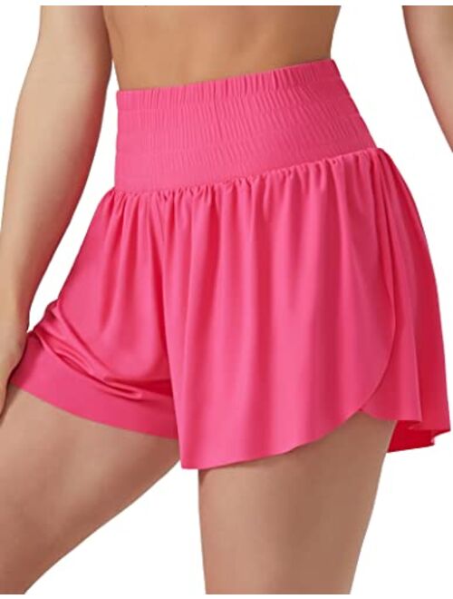 THE GYM PEOPLE Women's High Waisted Flowy Running Shorts Butterfly 2 in 1 Athletic Workout Skirt Shorts