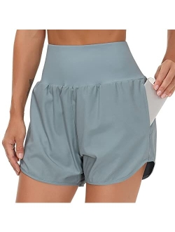 Womens High Waist Running Shorts with Liner Athletic Hiking Workout Shorts Zip Pockets