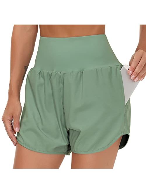 THE GYM PEOPLE Womens High Waist Running Shorts with Liner Athletic Hiking Workout Shorts Zip Pockets