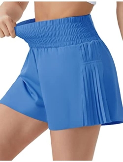 Women's High Waist Workout Shorts Side Pleated Athletic Running Shorts with Mesh Liner Zip Pocket