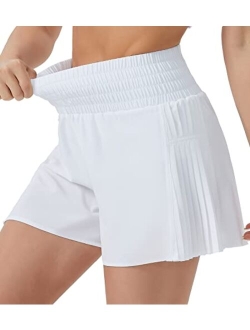 Women's High Waist Workout Shorts Side Pleated Athletic Running Shorts with Mesh Liner Zip Pocket